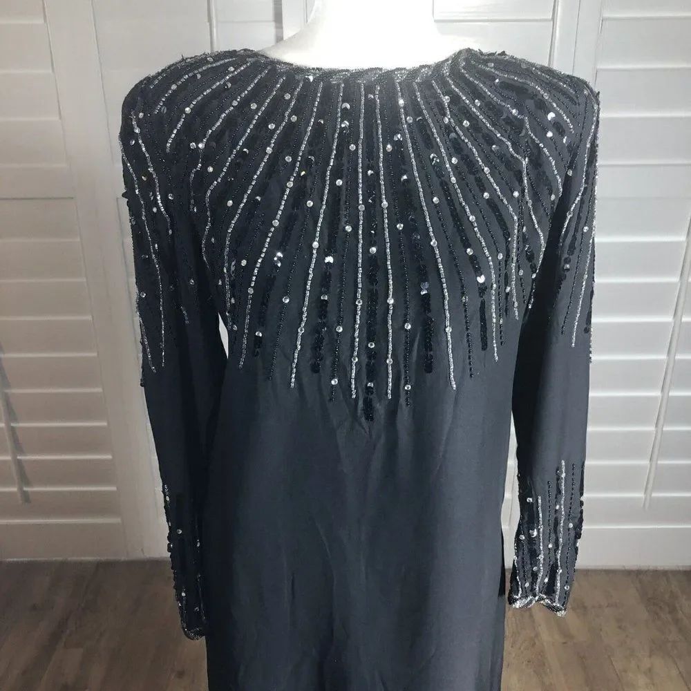 Vtg 80s Oleg Cassini Black Silk Beaded Cocktail Dress 8 Modest Holiday